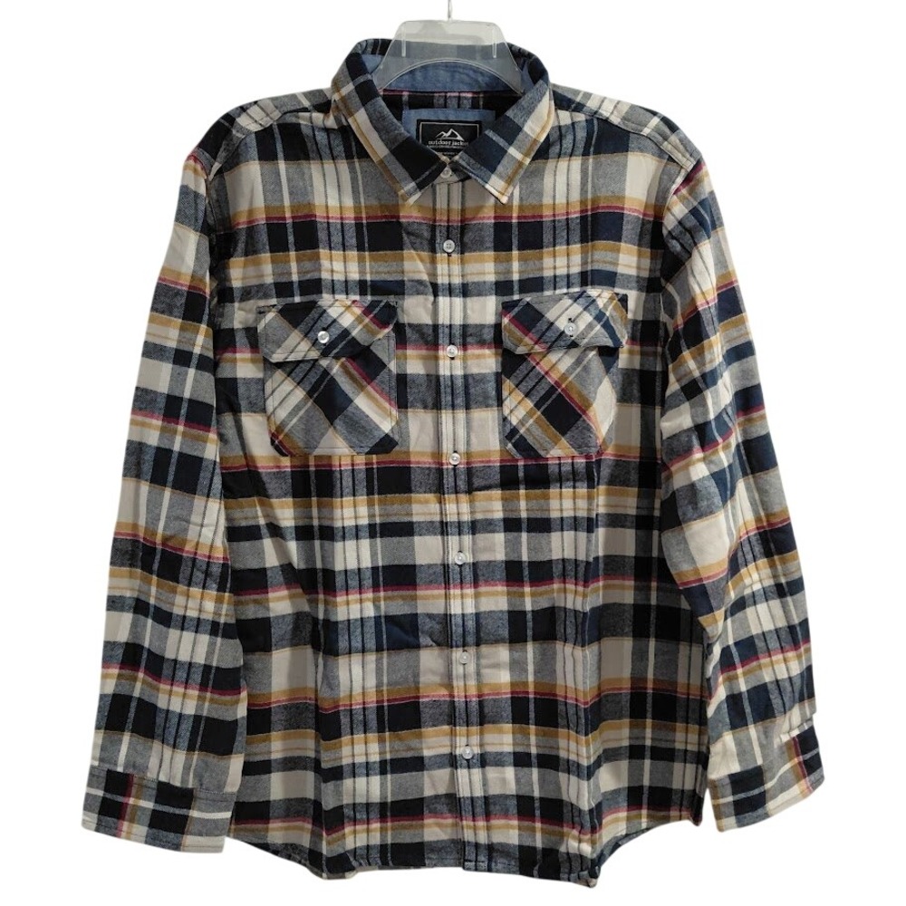 Outdoor Jacket Mens XL Flannel Plaid Long Sleeve Button Up Shirt Blue Beige Gold